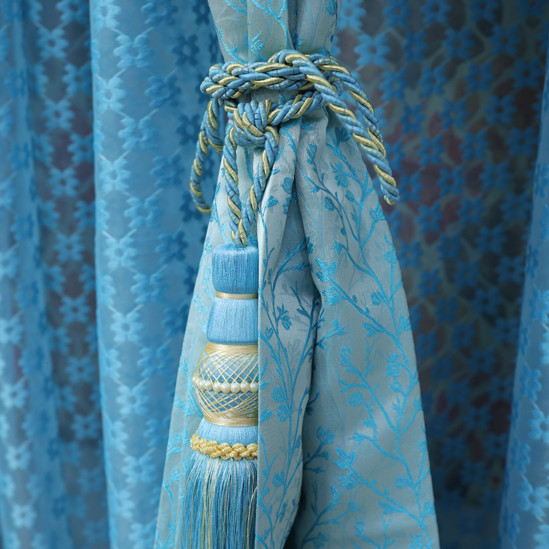 Luxurious Blue Jacquard Curtains with Decorative Tassel Tiebacks - Image 3