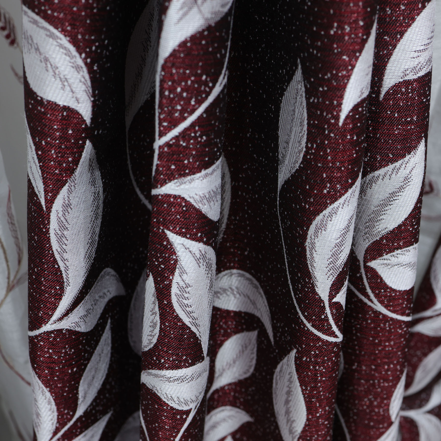 Elegant Maroon and White Leaf-Patterned Curtains with Decorative Tassel Tiebacks - Image 3