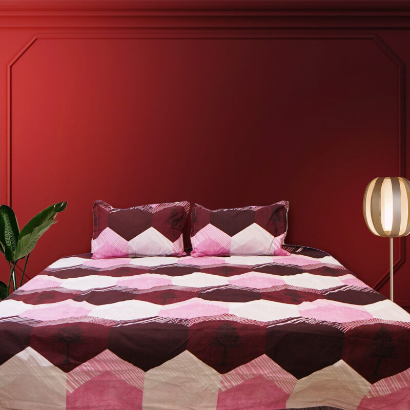 Vogue Pink Geometric Cotton Bedsheet With 2 Pillow Covers