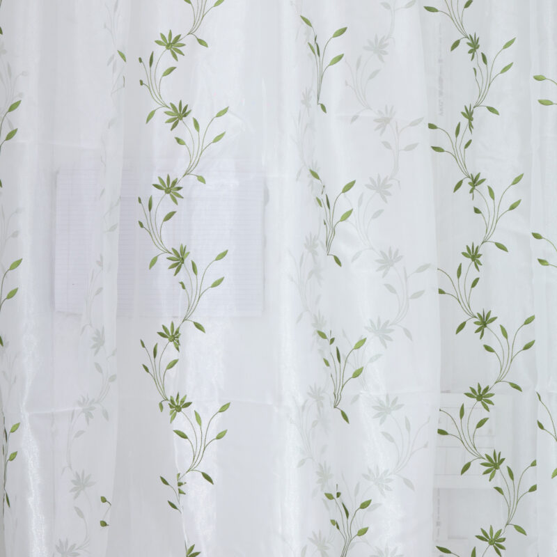 Elegant White Cotton Curtains with Green Leaf Embroidery
