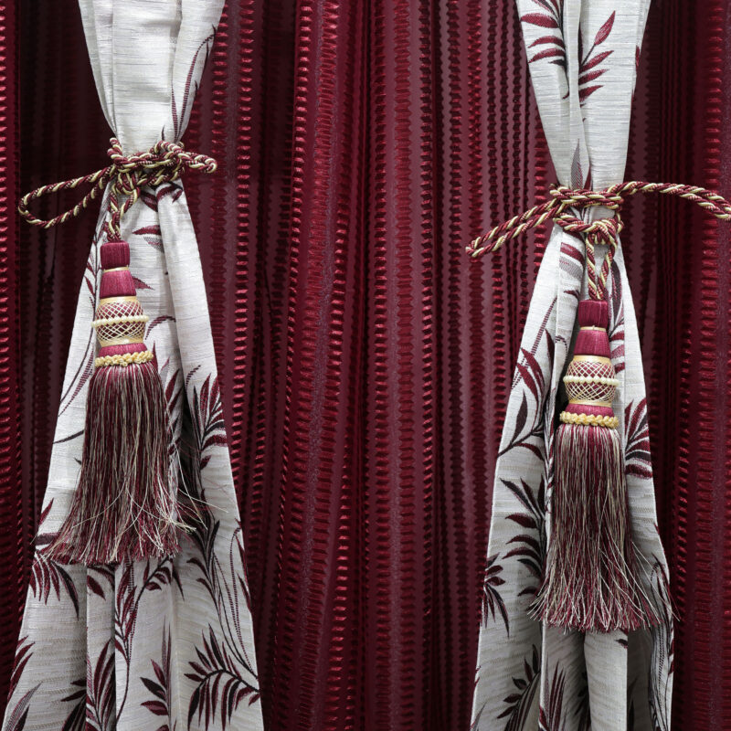 Elegant Ivory and Maroon Leaf-Print Curtains with Decorative Tassel Tiebacks