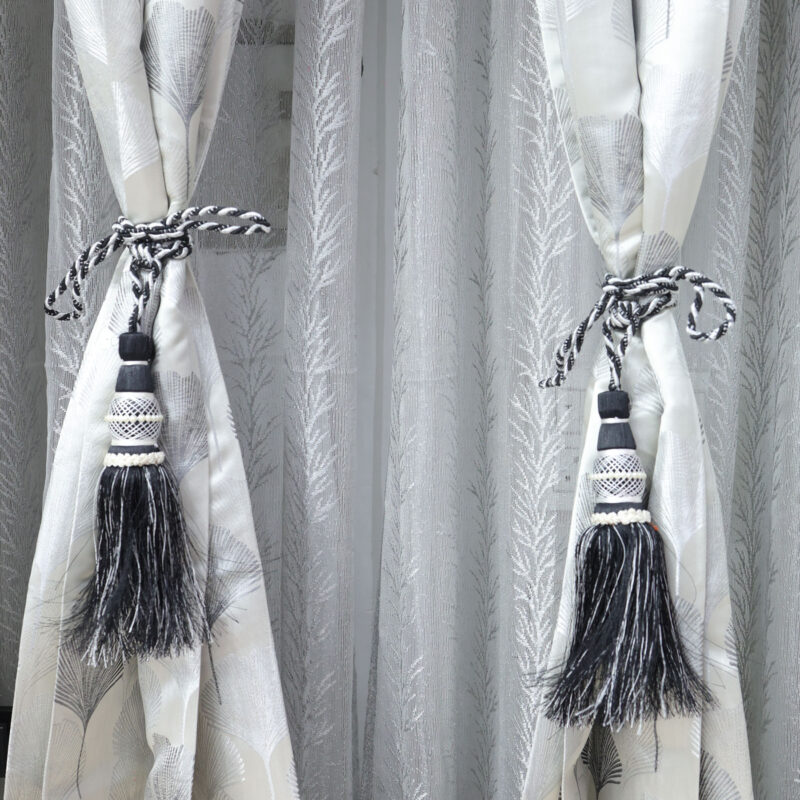 Chic Silver Jacquard Curtains with Black Tassel Tiebacks