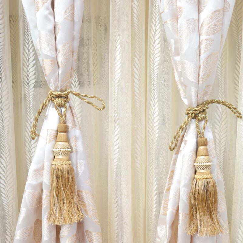 Luxurious Cream Jacquard Curtains with Golden Leaf Motif and Tassel Tiebacks