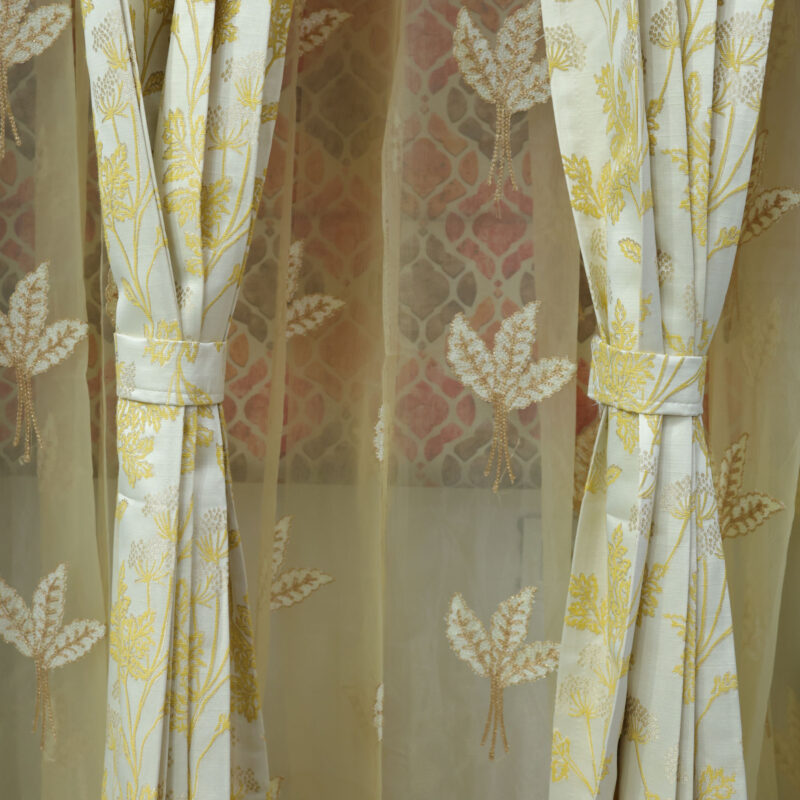 Elegant Sheer Curtains with Golden Floral Embroidery